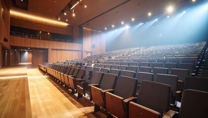 Naklejka premium Modern auditorium with empty rows of seats and dramatic lighting for an event or performance setting