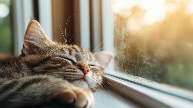 A soft, furry kitten sleeping blissfully by the window in warm sunlight, capturing a serene moment of relaxation and inner peace in a cozy environment.