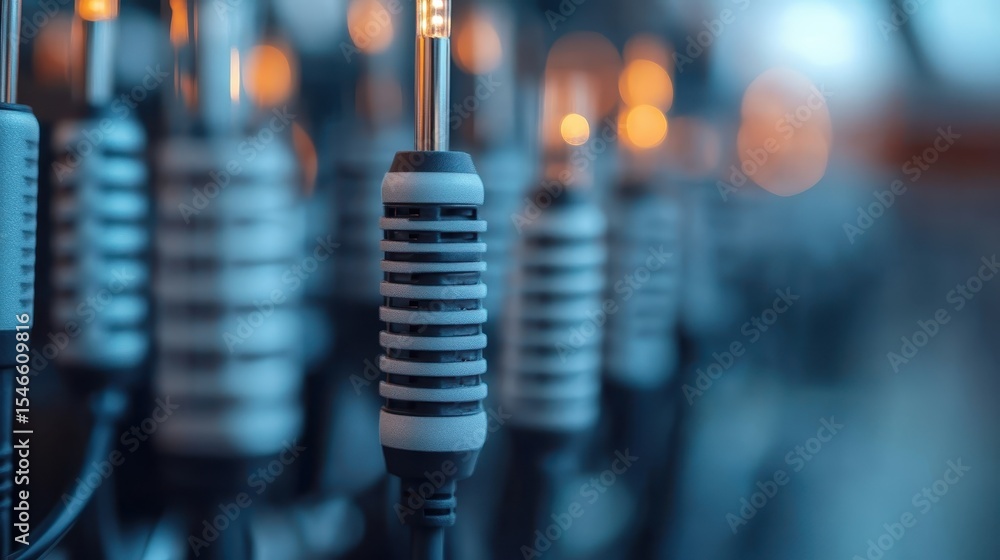 Poster an intriguing close-up image showcasing audio connectors lined up elegantly, illuminated by soft lig