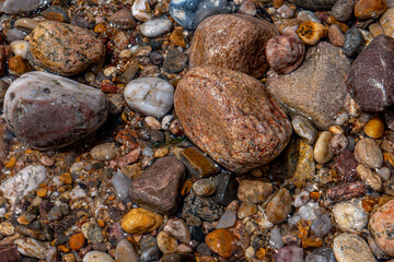 galets humides et luisants en bord de mer