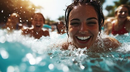 Obraz premium A joyful young woman swims in a vibrant pool with laughter echoing around her, capturing the essence of summer fun and carefree moments with friends in an aqua paradise.