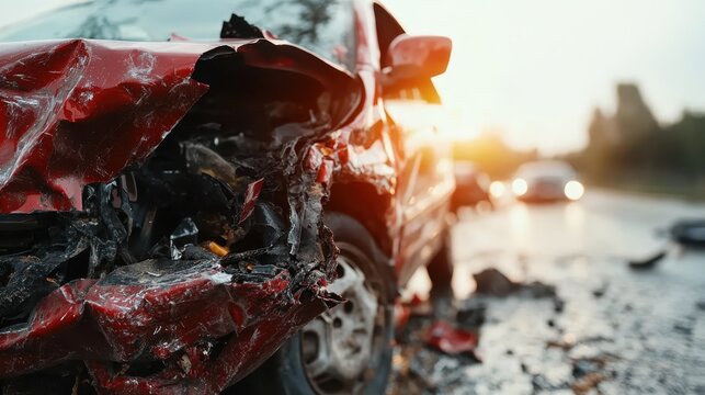 A close-up view of a severely damaged red car shows the impact of a collision, emphasizing the dangers of reckless driving and the emotional toll of accidents.