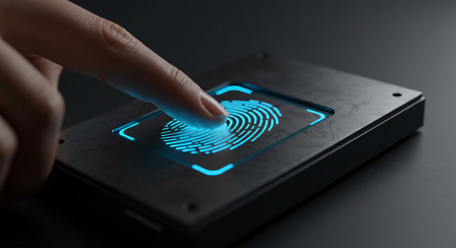A human finger on a glowing biometric scanner for digital authentication and secure access control