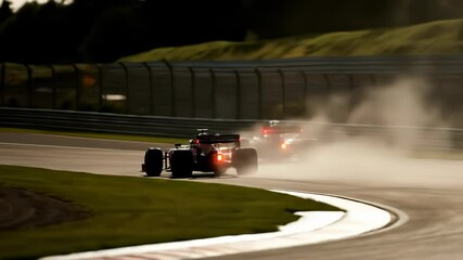 Formula 1 Race Cars Drifting on Track with Smoke & Dust: Motorsport Competition, High-Speed Action & Adrenaline. 4K Video Footage. - Powered by Adobe