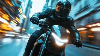 A high-speed shot of a motorcycle rider navigating through a vibrant cityscape at night, illustrating adrenaline, freedom, and the thrill of the urban adventure.