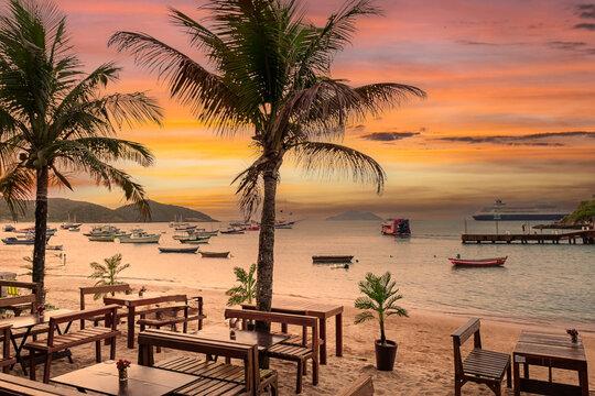 The idyllic Praia do Canto, Canto Beach, with its clear, calm waters and its fishing and tourist boats at anchor, in Buzios, Rio de Janeiro, Brazil, 2022