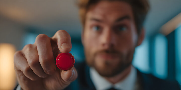 A man holding a red button for self-destruction, an evocative image of a world at the end of its tether. 