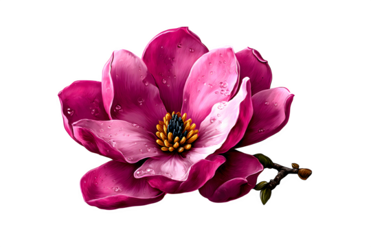 Delicate magnolia flower in vintage botanical style, sketched with modern depth and lighting, centered on white background, isolated to transparent background