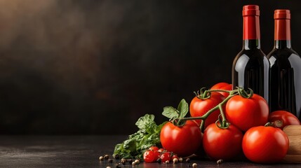 This image features vibrant red tomatoes elegantly arranged alongside two bottles of red wine, creating a visually appealing composition ideal for culinary themes.