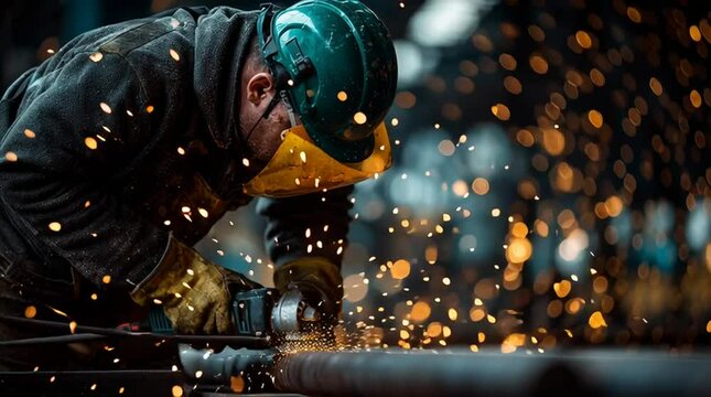 Precision in Industry: A seasoned industrial worker, donned in protective gear, meticulously wields a grinding tool, sparks flying as he shapes metal with expertise. A true embodiment of skill.
