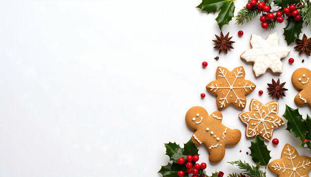 Christmas cookies holly berries and star anise on a white background.