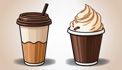 illustration of a disposable paper cup of hot coffee with chocolate and a refreshing ice cream beverage on an isolated white background