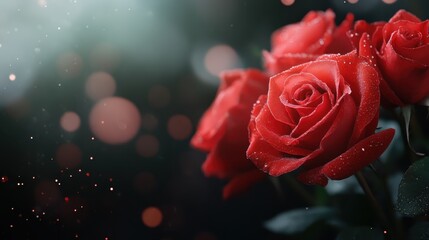 Gorgeous red roses adorned with glistening dew drops bloom vibrantly against a softly blurred background, symbolizing love, beauty, and the fleeting nature of life.