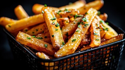 A tantalizing close-up of perfectly golden brown crispy French fries, garnished with fresh herbs, served in a stylish rectangular wire basket on a dark background.