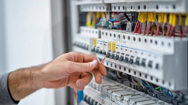Electrical Panel Inspection: A close-up shot of a hand interacting with an electrical panel, highlighting the intricate wiring and components within.