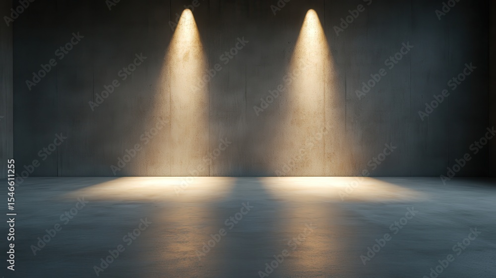 Poster an empty industrial-style space illuminated by two dramatic spotlight effects, creating a moody atmo