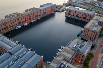 Aerial image of Liverpool cityscape featuring the famous docks 