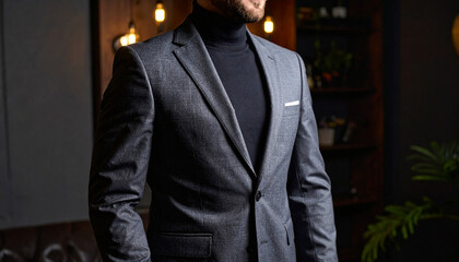 Modern slim-fit suit in charcoal gray with turtleneck, cropped from shoulders down