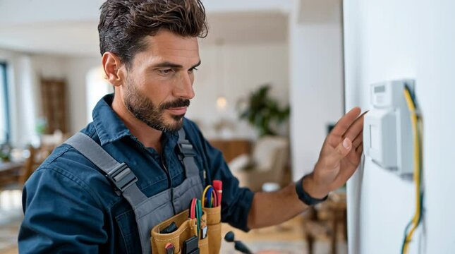 Technician Installing Thermostat: A focused technician meticulously installs a new thermostat on a wall, showcasing expertise and precision in home maintenance. 
