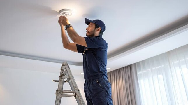 Smoke Detector Installation: A maintenance worker in uniform installs a smoke detector on a white ceiling, ensuring safety and protection in a modern space.
