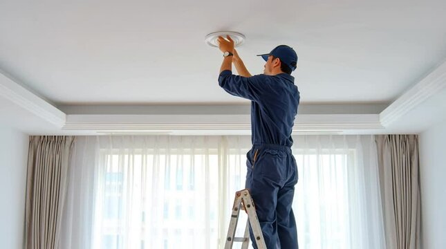 Professional Electrician at Work: A focused electrician, clad in a navy-blue uniform, meticulously installs a new light fixture on the pristine ceiling of a modern home.