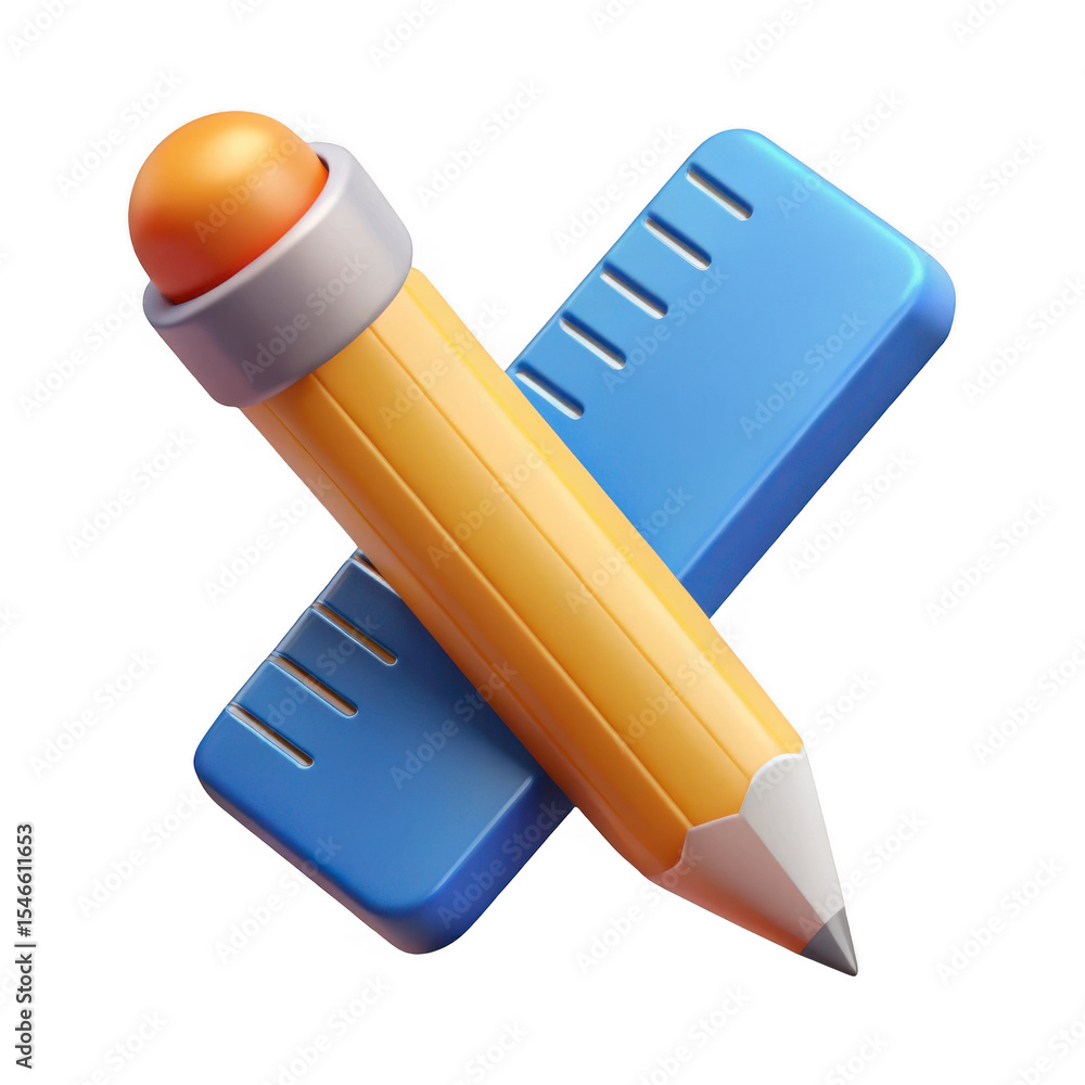 Poster 3d render pencil and ruler icon isolated on transparent background