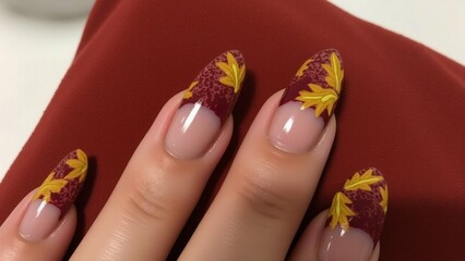 close person hand their fingernails painted light pink color nails long well manicured pointed tip nail has unique design tips being darker shade pink middle finger being lighter shade yellow design