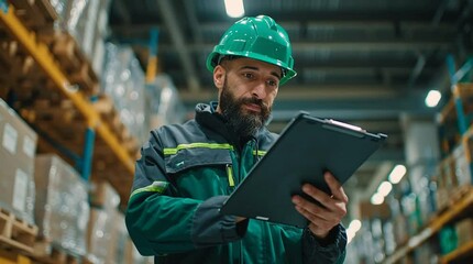 Warehouse Worker Inspecting Inventory: A diligent warehouse worker, donning a green safety helmet, meticulously inspects inventory, holding a clipboard amidst rows of storage racks. - Powered by Adobe