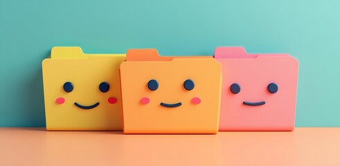 Cheerful colorful smiling folder characters on pastel background