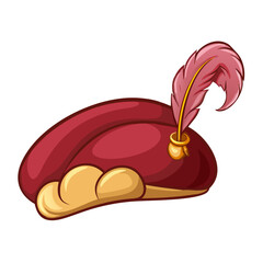 Vintage Feathered Renaissance Hat in Red and Gold &ndash; Vector Illustration of Medieval Fashion Accessory | Historic Costume Cap for Art, Theater, or Design

