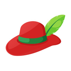 Red Feather Hat Cartoon – Renaissance Style Wide-Brim Hat with Green Plume for Musketeer, Robin Hood, Theater Costume, Storybook, or Fairytale Illustration
