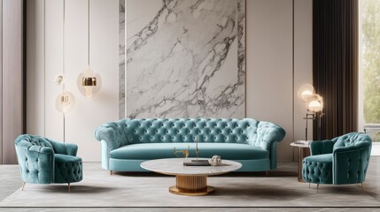 Teal velvet sofa and armchairs in modern living room with marble wall and gold accents.
