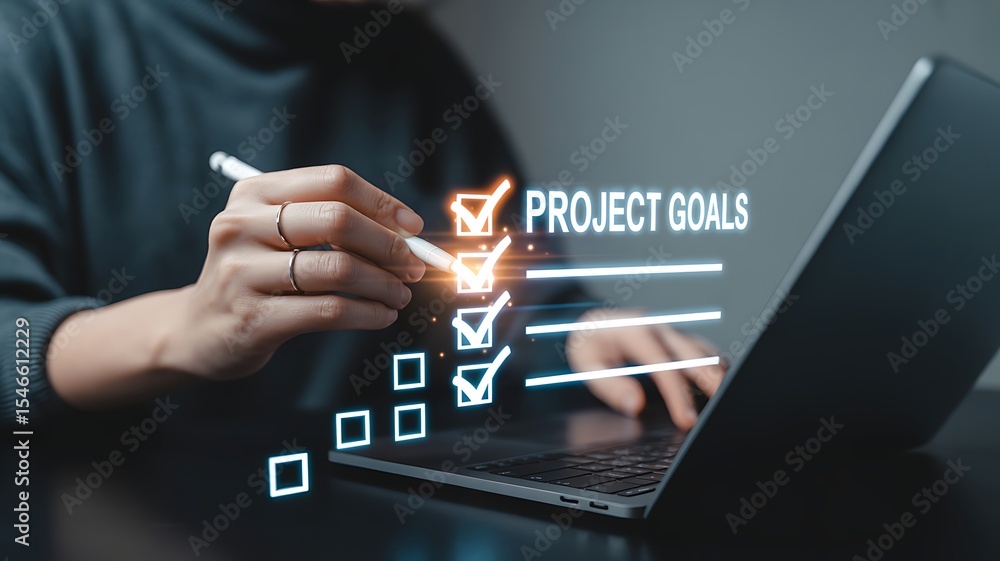 Aufkleber closeup hands using stylus on laptop screen project goals checklist completed tasks image