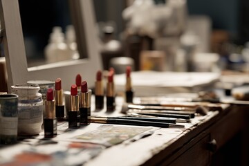 Vibrant lipsticks and brushes organized on a wooden table for makeup application
