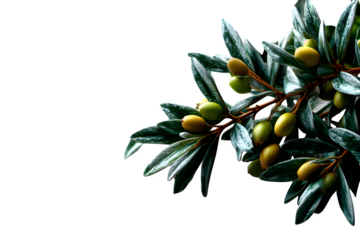 Elegant layout of olive tree branches in a soft diagonal composition, matte green leaves with rustic texture, styled on white background, isolated to transparent background