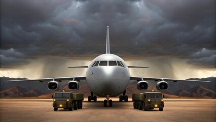 Obraz premium Military cargo plane on a stormy desert runway