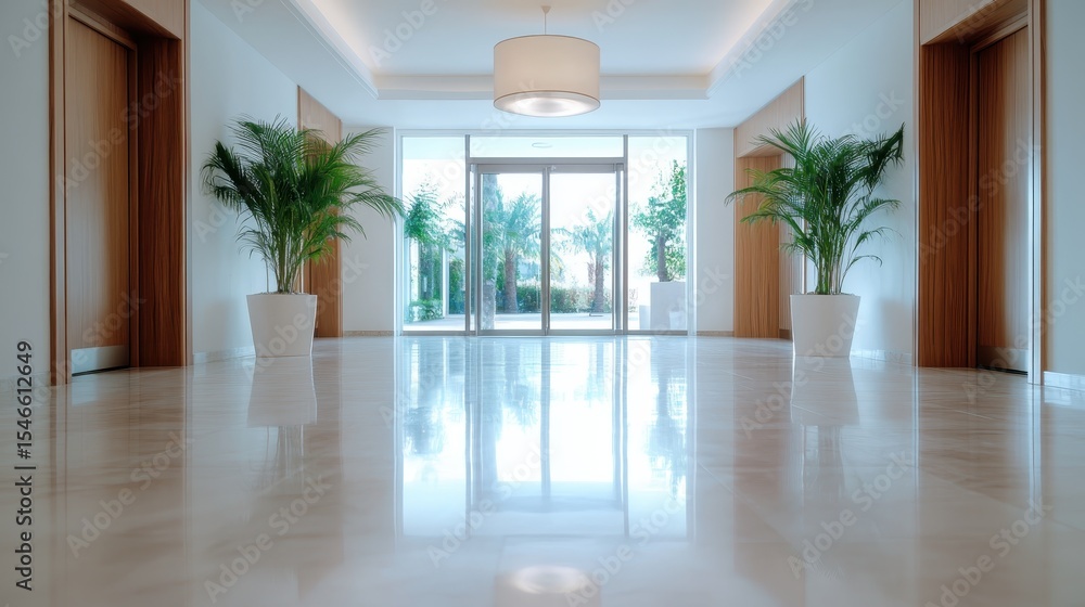 Poster a serene and spacious hallway featuring large windows allowing soft sunlight to pour in, complemente