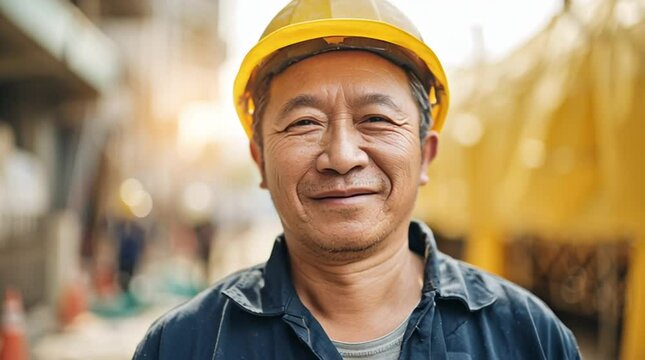 Smiling Construction Worker: A construction worker in a yellow hardhat beams at the camera, radiating a sense of pride and expertise against a backdrop of a construction site.