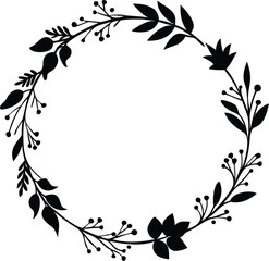 Elegant floral wreath silhouette black and white botanical design with leaves berries and delicate flourishes perfect for wedding invitations and decorations