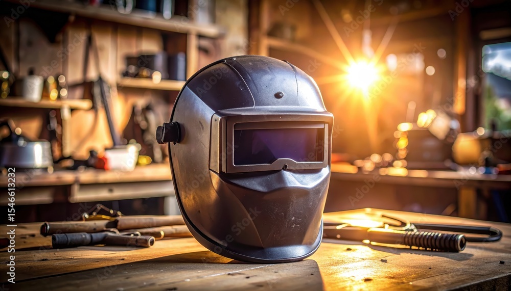 Poster welding helmet on workbench in workshop with tools and warm light in background for industrial setti