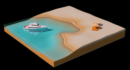 Fragment of the surface with sandy beach by the sea with a white modern yacht sailing on it. Straw umbrellas, sun loungers, wooden decking on the seashore. 3d illustration isolated on black