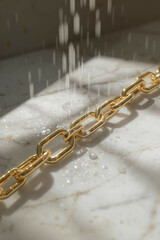 A gold chain lying on wet marble with soft sunlight hitting water droplets.

