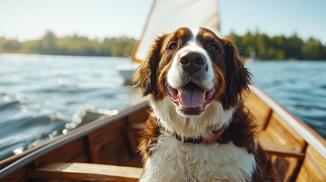 A joyful dog relishes a sunny boat ride on a serene lake, perfectly capturing the essence of leisure and companionship, showcasing nature's beauty and the bond between pets and owners.