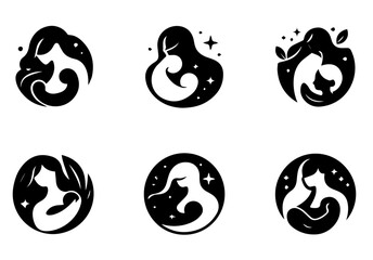 Fototapeta premium This image features six circular line art illustrations of mothers holding babies. vector logo set