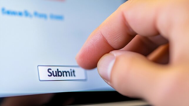 Hand hovering over submit button on a tax filling website at a workspace capturing the final step in the tax submission process