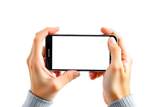 A pair of hands holding a smartphone displaying a blank screen for gaming or mobile app use.