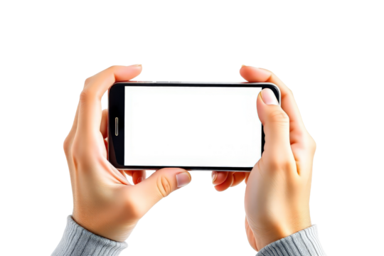 A pair of hands holding a smartphone displaying a blank screen for gaming or mobile app use.