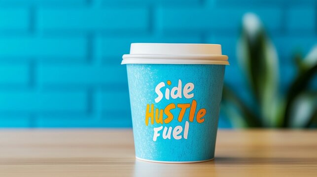 a creative coffee cup with Side Hustle Fuel written on it in a bright workspace settingrepresenting the extra effort needed to run a side business