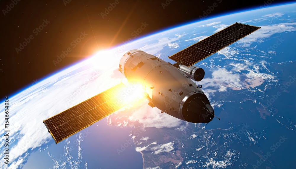 Poster spacecraft orbiting earth with sunlight reflection and clouds in the background