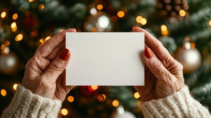 A close-up view of elderly hands gently holding a blank card in front of a beautifully decorated Christmas tree, signifying warmth, nostalgia, and the spirit of giving during festive times.